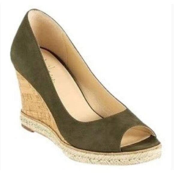 Cole Hann Air Jocelyn OT Wedge II Nubuck Green Peep Toe Cork Spadriles Sz 8.5 - Picture 1 of 8